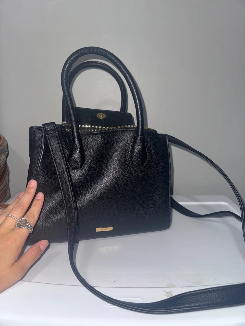 Aldo Black Satchel with Decorative Scarf Accent